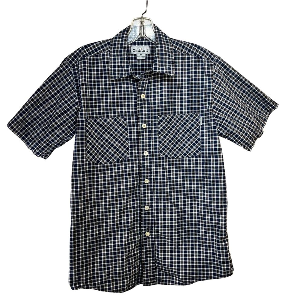Carhartt Short Sleeve Camp Shirt Mens Medium Lightweight Navy Black Plaid Cotton
